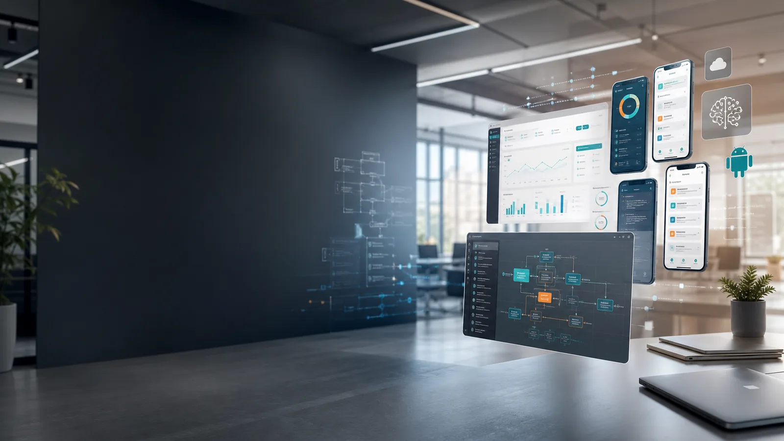 AM Soft vizuál s mobilnými aplikáciami, webovým dashboardom, mobilným vývojom a AI automatizáciou