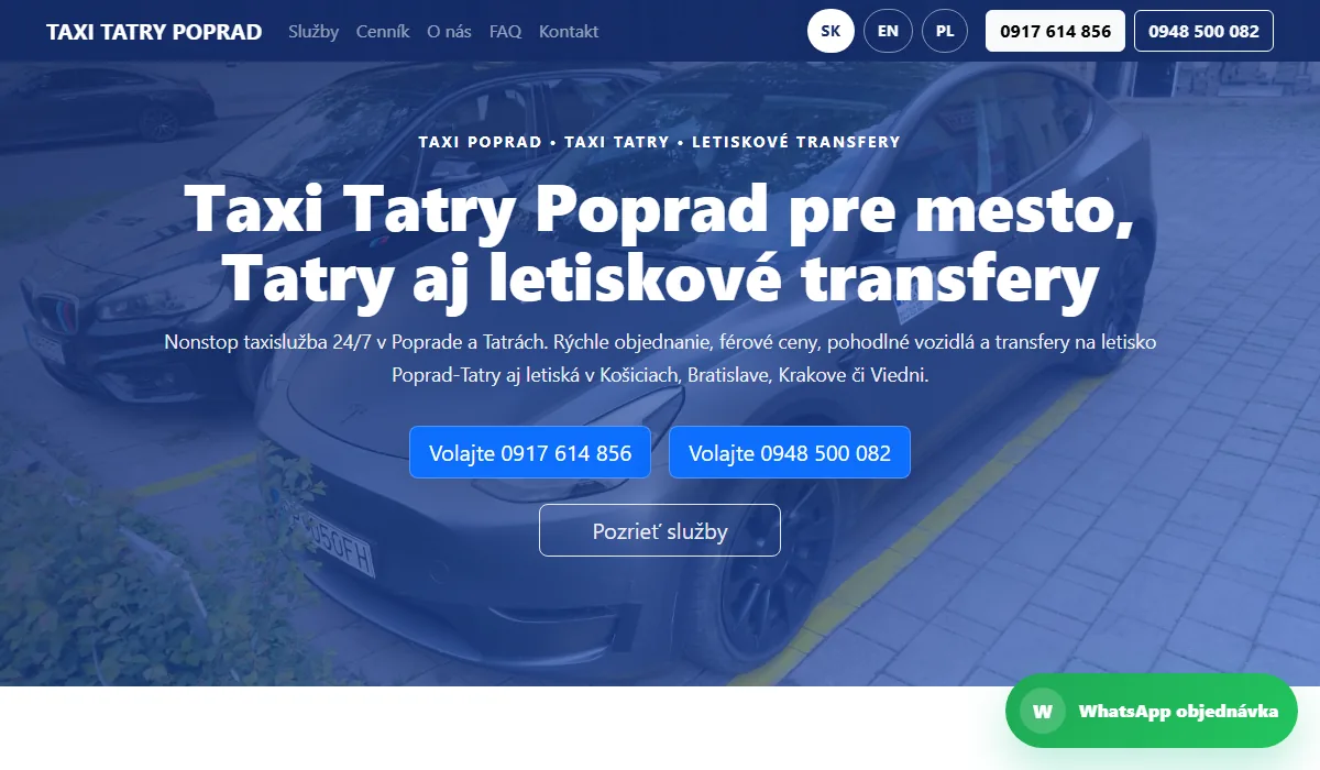 Screenshot webu TaxiTatry.sk s hero sekciou pre taxi služby v Poprade a Tatrách