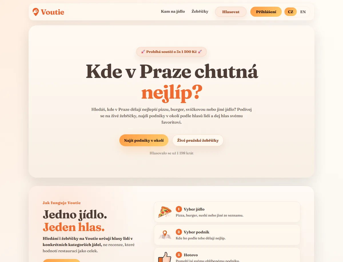 Screenshot webovej platformy Voutie.com s hlasovaním o podnikoch v Prahe